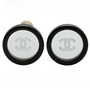 CHANEL CC Logos Black Mirror Round Clip-On Earrings Gold Tone 95C Auth #2598